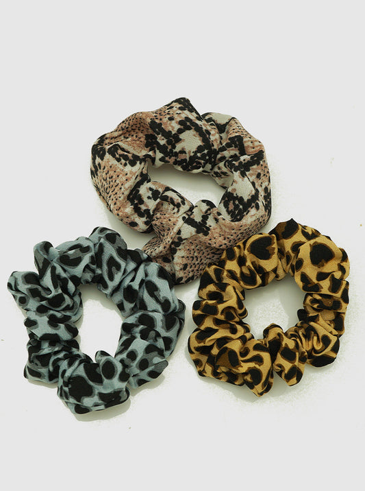 3 PCS ASSORTED FLORAL FLOWER PRINT AND SNAKESKIN ANIMAL PRINT POLYESTER HAIR SCRUNCHIES MUSTARD-PINK-BLACK