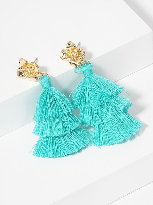 3-tier Thread Layered Fringe Tassel Drop Flower Post Dangle Earrings