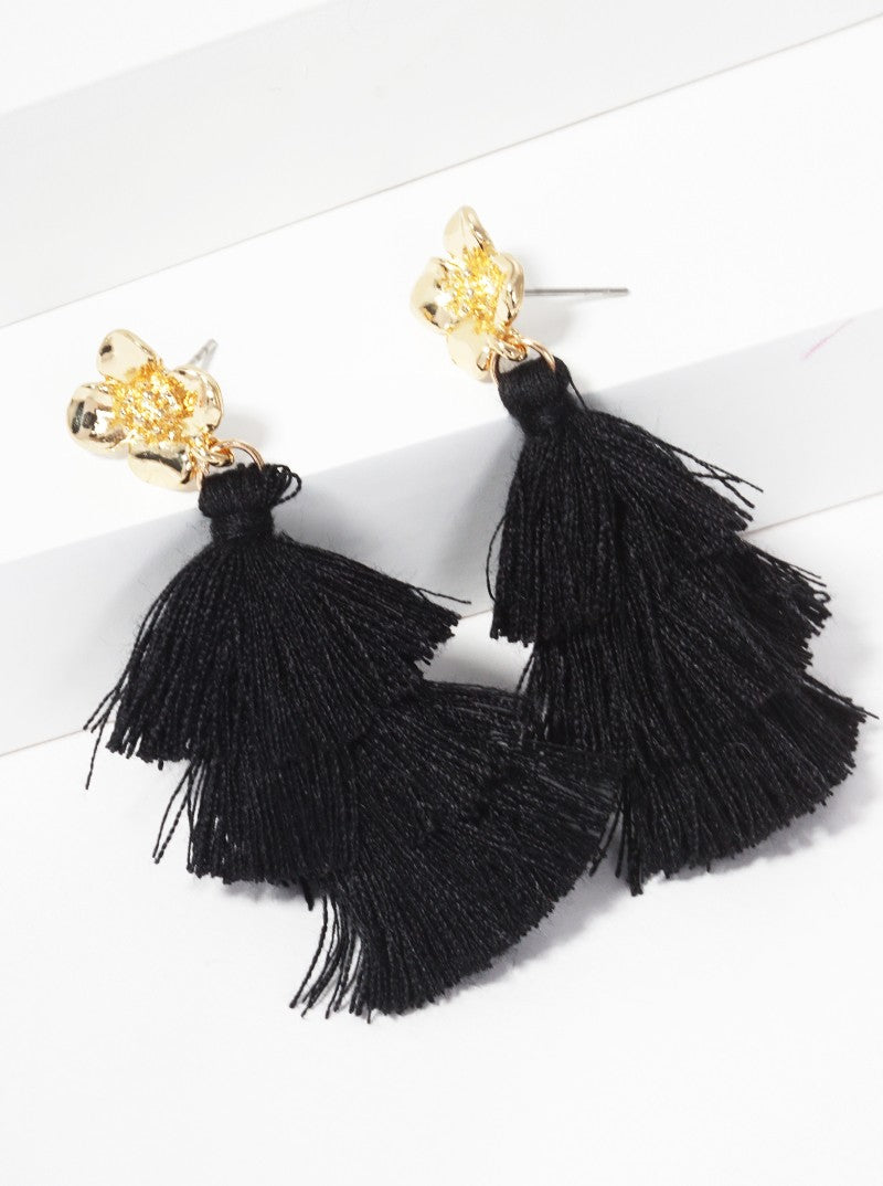 3-tier Thread Layered Fringe Tassel Drop Flower Post Dangle Earrings