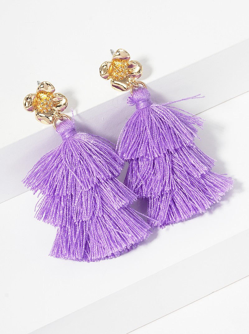 3-tier Thread Layered Fringe Tassel Drop Flower Post Dangle Earrings