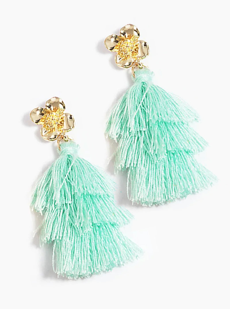 3-tier Thread Layered Fringe Tassel Drop Flower Post Dangle Earrings