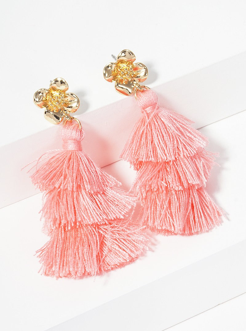 3-tier Thread Layered Fringe Tassel Drop Flower Post Dangle Earrings