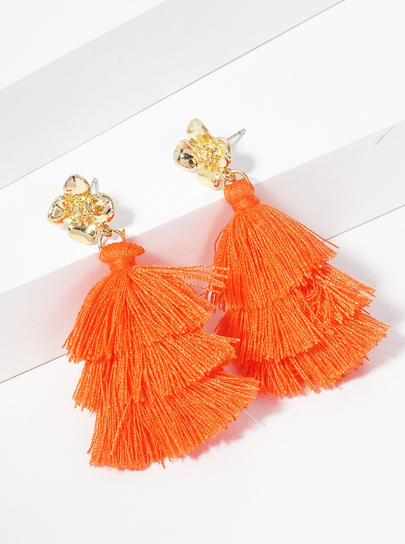 3-tier Thread Layered Fringe Tassel Drop Flower Post Dangle Earrings