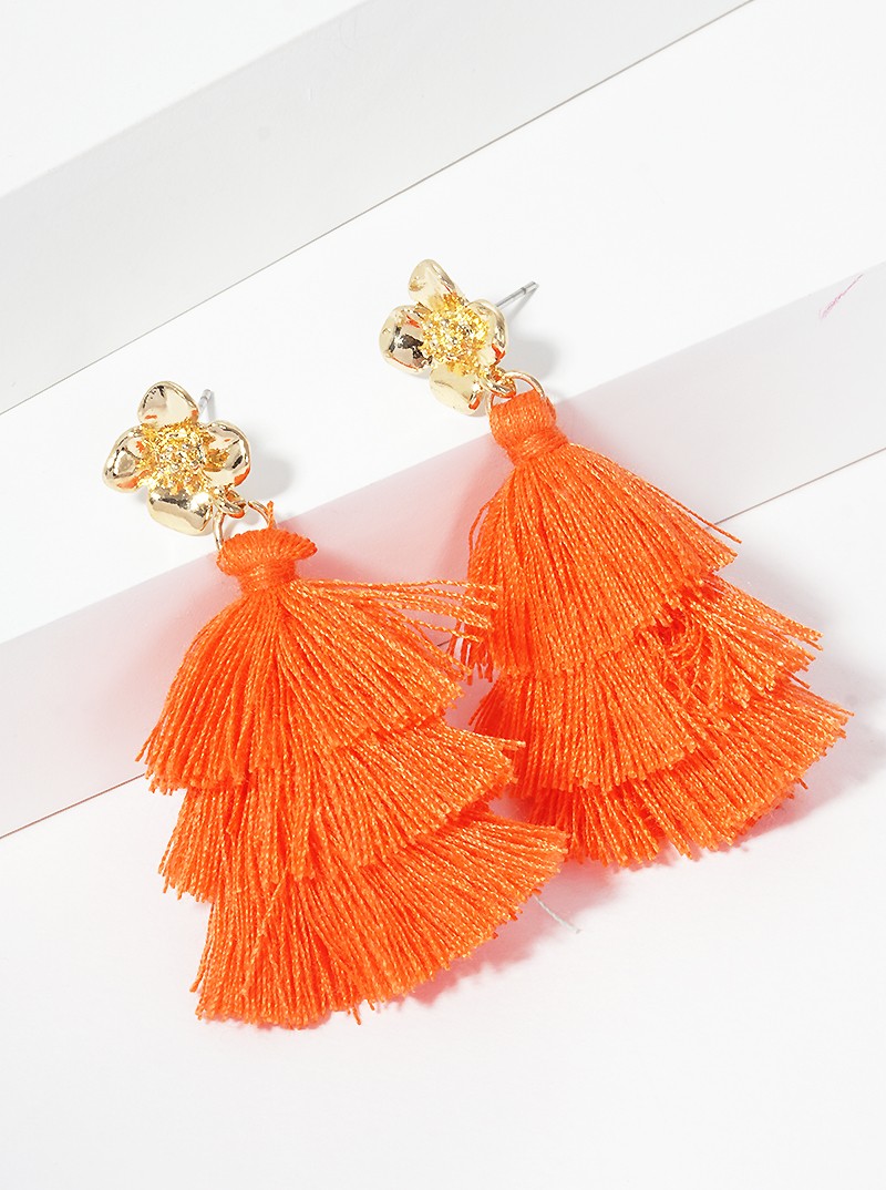 3-tier Thread Layered Fringe Tassel Drop Flower Post Dangle Earrings