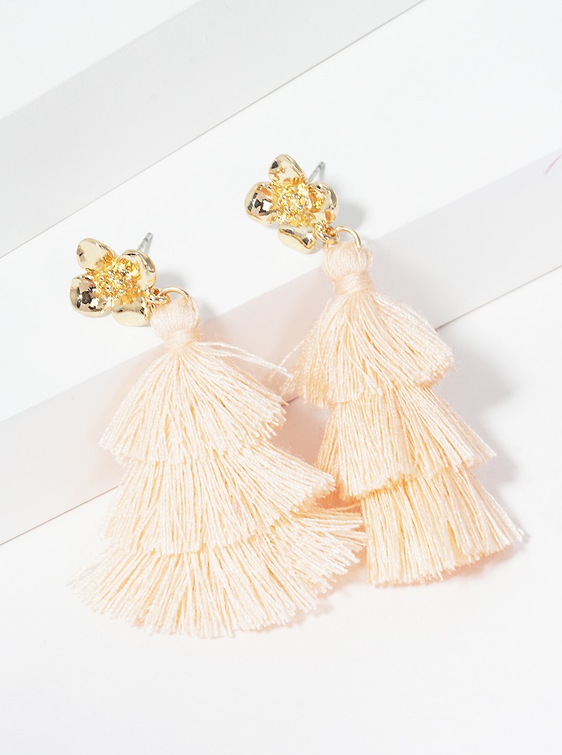 3-tier Thread Layered Fringe Tassel Drop Flower Post Dangle Earrings