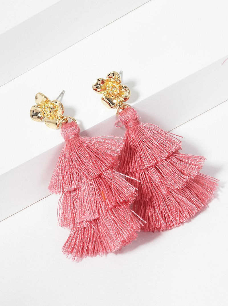 3-tier Thread Layered Fringe Tassel Drop Flower Post Dangle Earrings