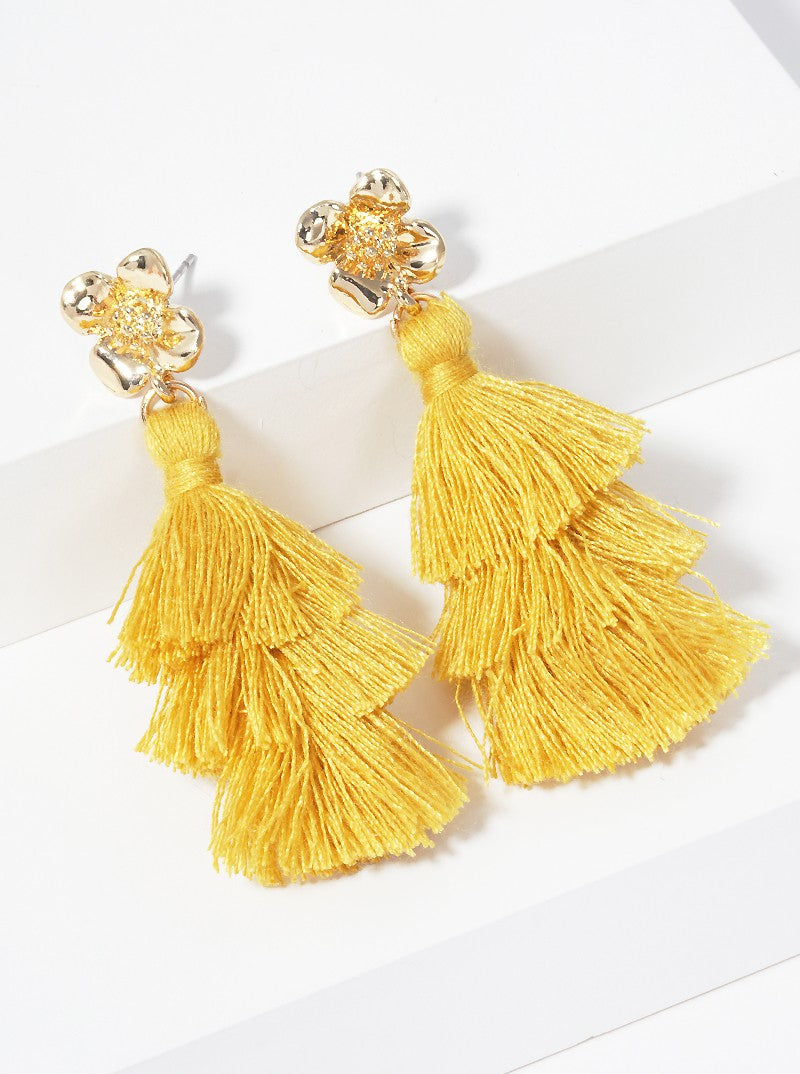 3-tier Thread Layered Fringe Tassel Drop Flower Post Dangle Earrings