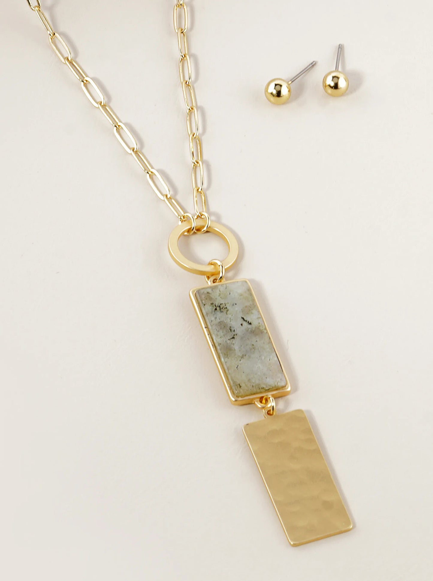 30 Inch Long Geometric Drop Rectangular Pendant Necklace With Semiprecious Stone