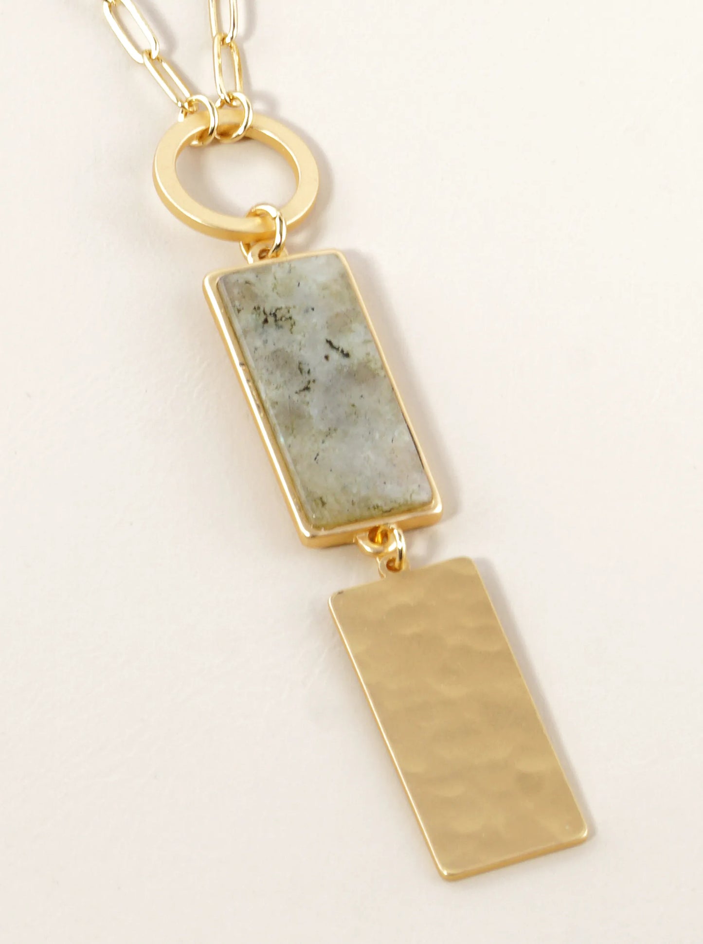30 Inch Long Geometric Drop Rectangular Pendant Necklace With Semiprecious Stone