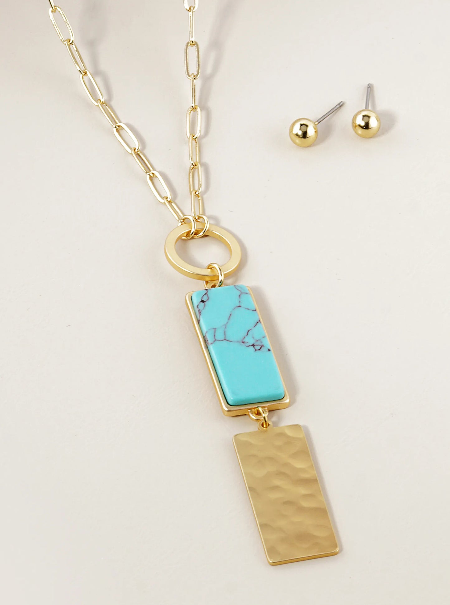30 Inch Long Geometric Drop Rectangular Pendant Necklace With Semiprecious Stone