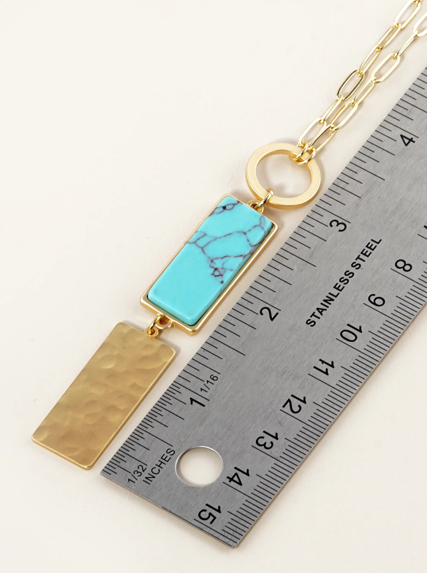 30 Inch Long Geometric Drop Rectangular Pendant Necklace With Semiprecious Stone