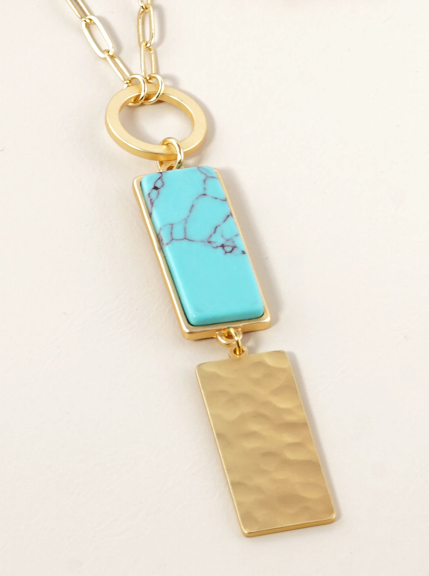30 Inch Long Geometric Drop Rectangular Pendant Necklace With Semiprecious Stone