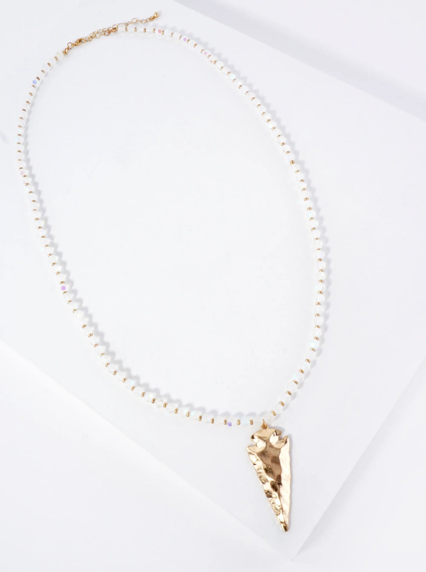 30 Inch Long Hammered Arrowhead Pendant Glass Crystal Necklace