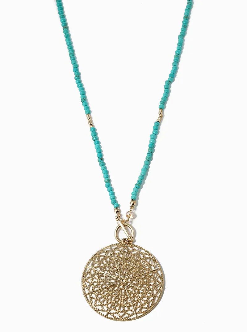 30 Inch Long Semiprecious With Filigree Round Pendant Necklace