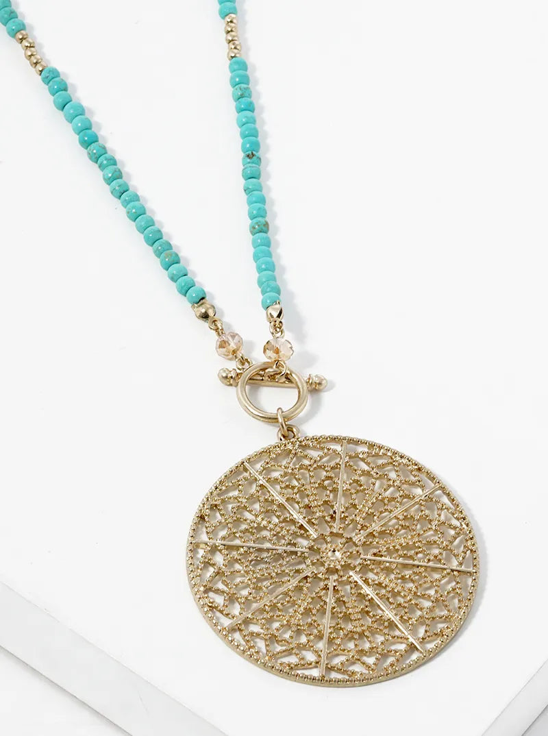 30 Inch Long Semiprecious With Filigree Round Pendant Necklace