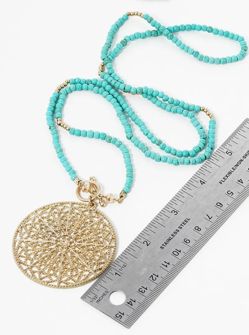 30 Inch Long Semiprecious With Filigree Round Pendant Necklace