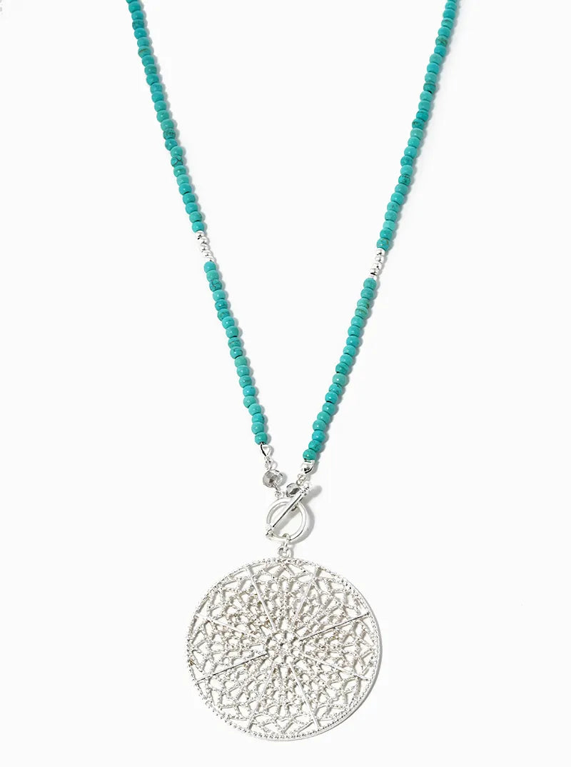 30 Inch Long Semiprecious With Filigree Round Pendant Necklace