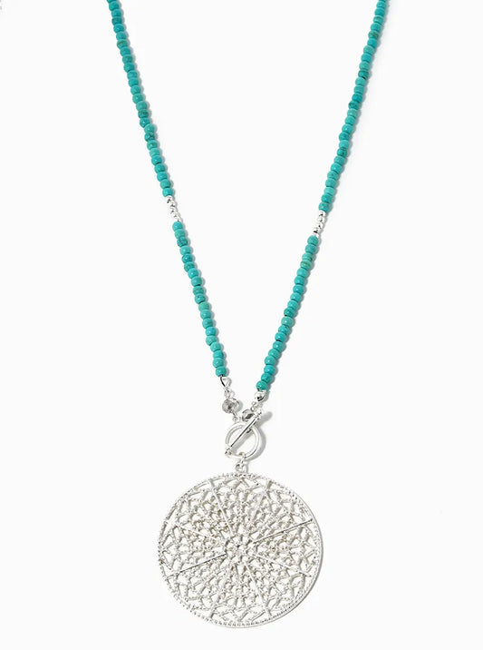 30 Inch Long Semiprecious With Filigree Round Pendant Necklace