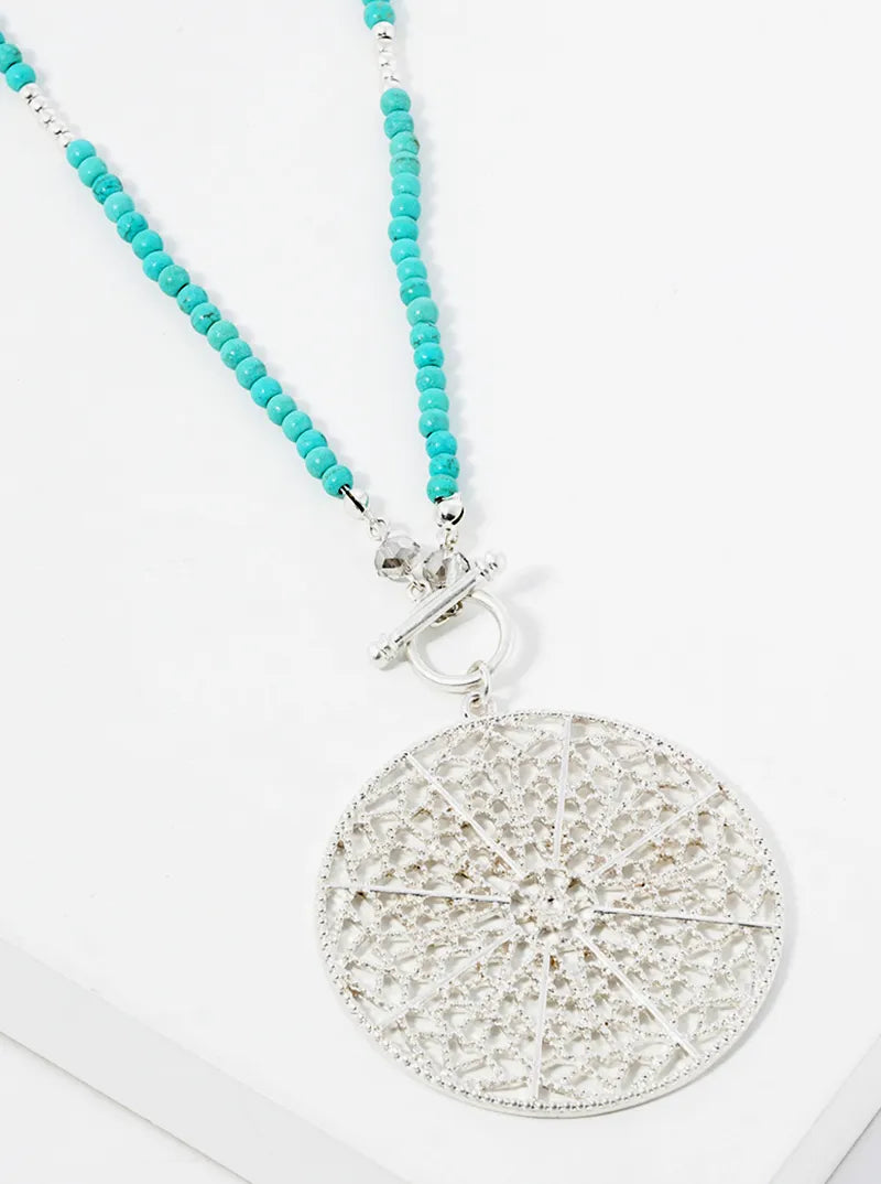 30 Inch Long Semiprecious With Filigree Round Pendant Necklace
