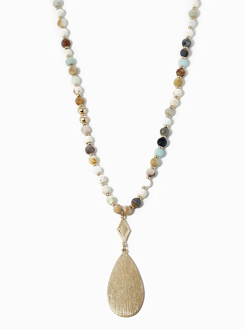 30 Inch Semiprecious With Textured Teardrop Gold Pendant Necklace