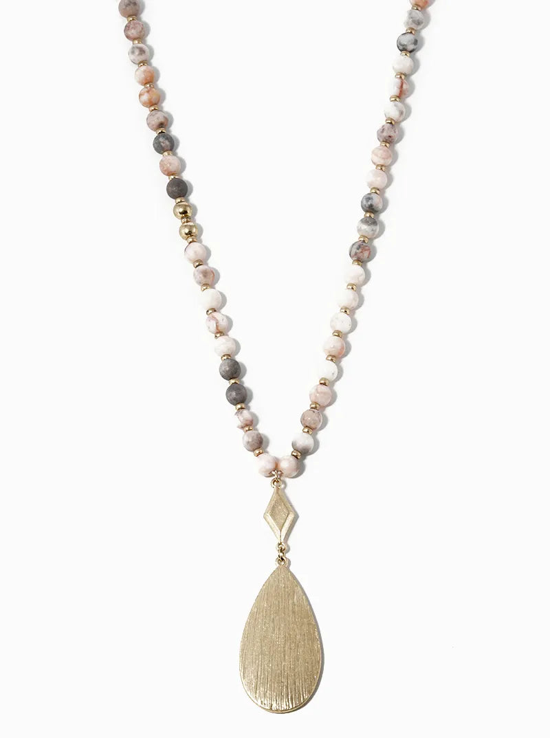 30 Inch Semiprecious With Textured Teardrop Gold Pendant Necklace