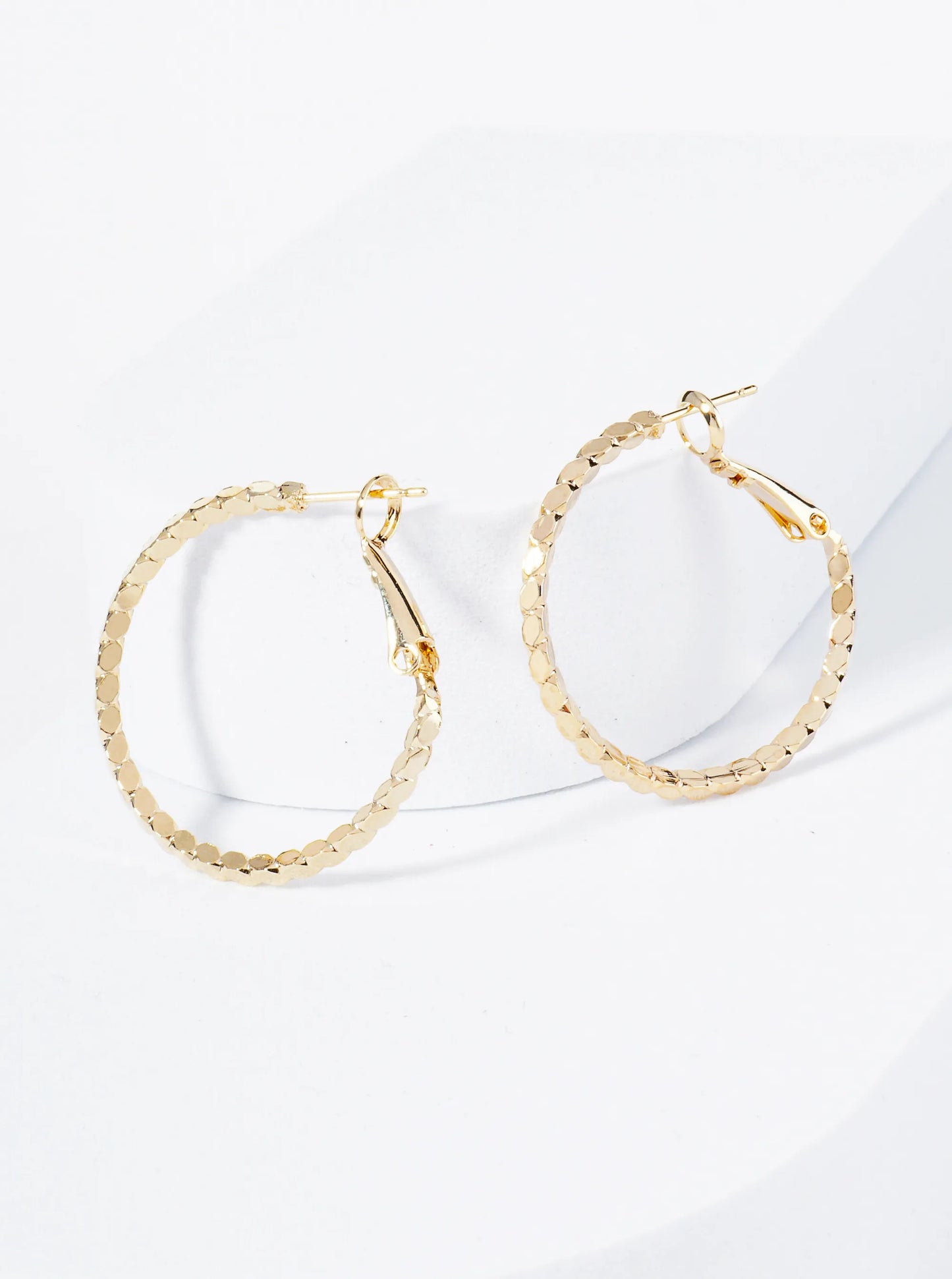 30mm 14K-Gold-Dipped 4-Sided Sparkling Textured Brass Latch-Back Hoop Earrings