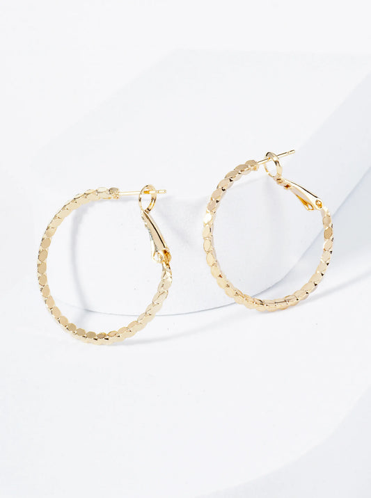 30mm 14K-Gold-Dipped 4-Sided Sparkling Textured Brass Latch-Back Hoop Earrings
