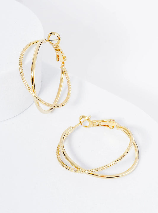30mm 14K-Gold-Dipped Latch Back Hoop Earrings Two Wires Intertwined In An X Shape
