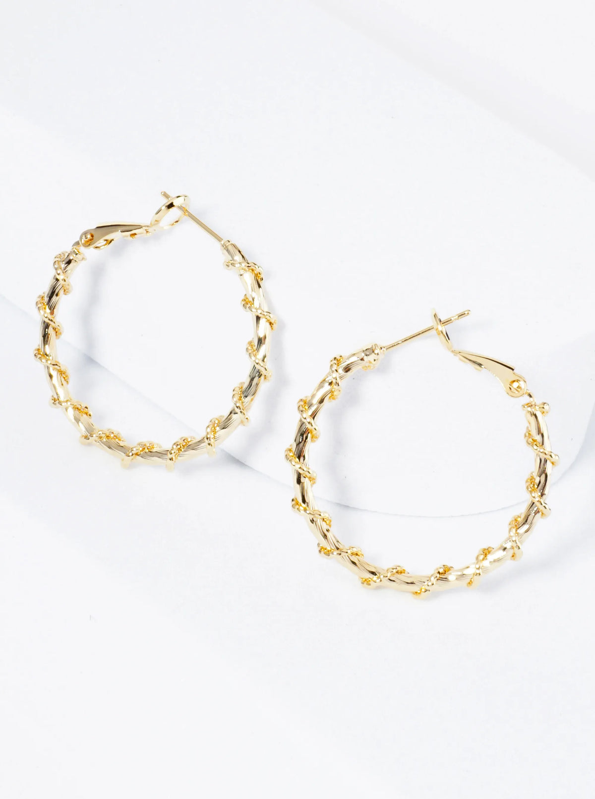 30mm 14K-Gold-Dipped Latch Back Hoop Earrings With Twisted Vine Design