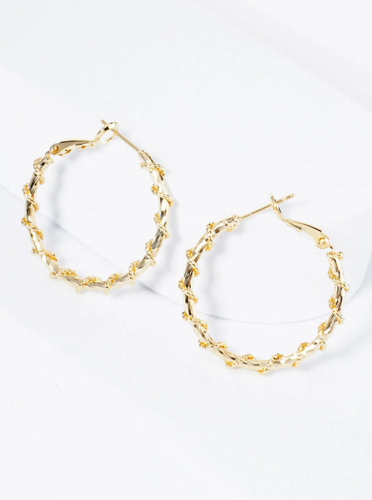30mm 14K-Gold-Dipped Latch Back Hoop Earrings With Twisted Vine Design