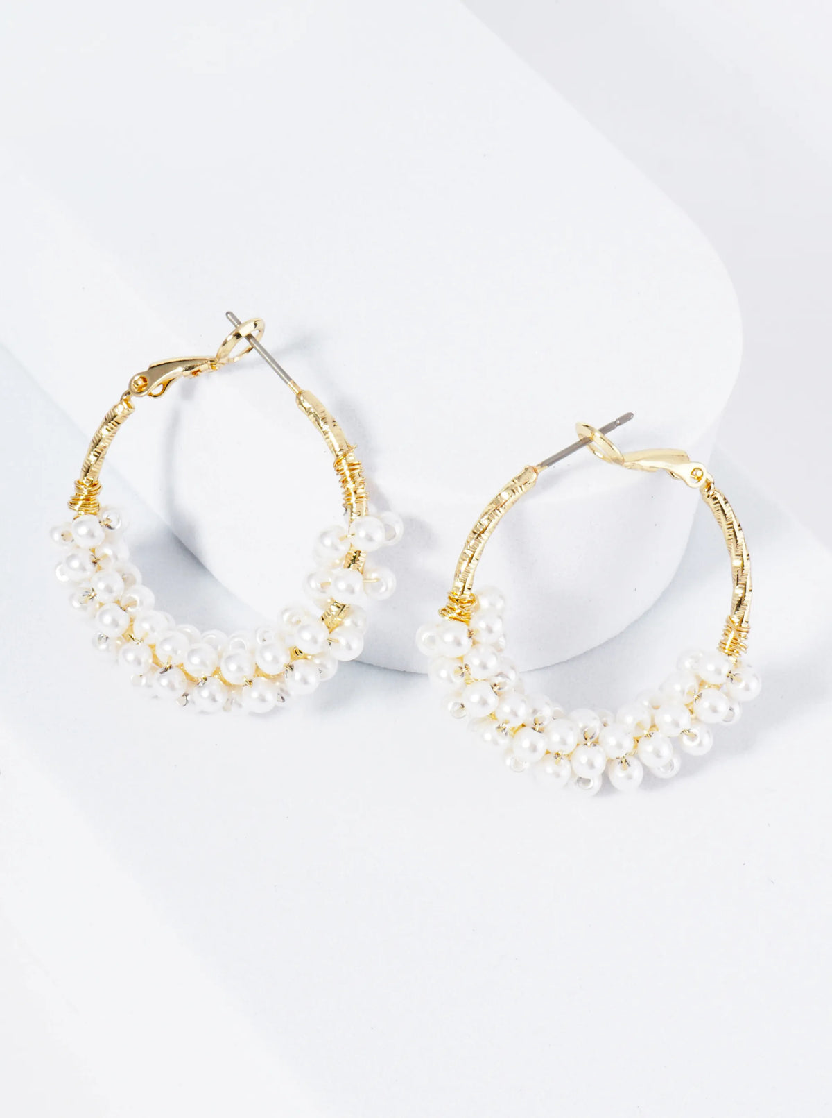 30mm 14K-Gold-Dipped Latch Back Hoop Earrings With Wire-Wrapped Pearl Beads