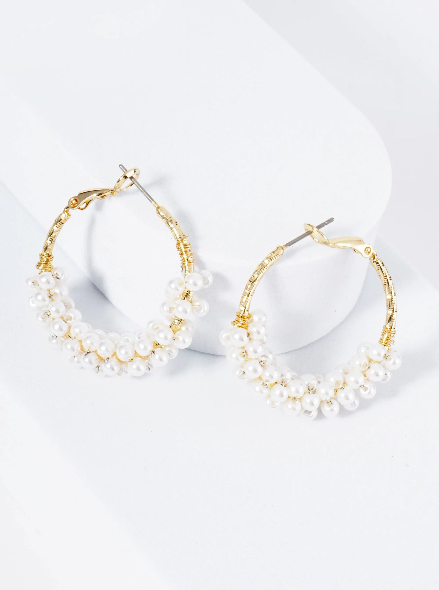 30mm 14K-Gold-Dipped Latch Back Hoop Earrings With Wire-Wrapped Pearl Beads