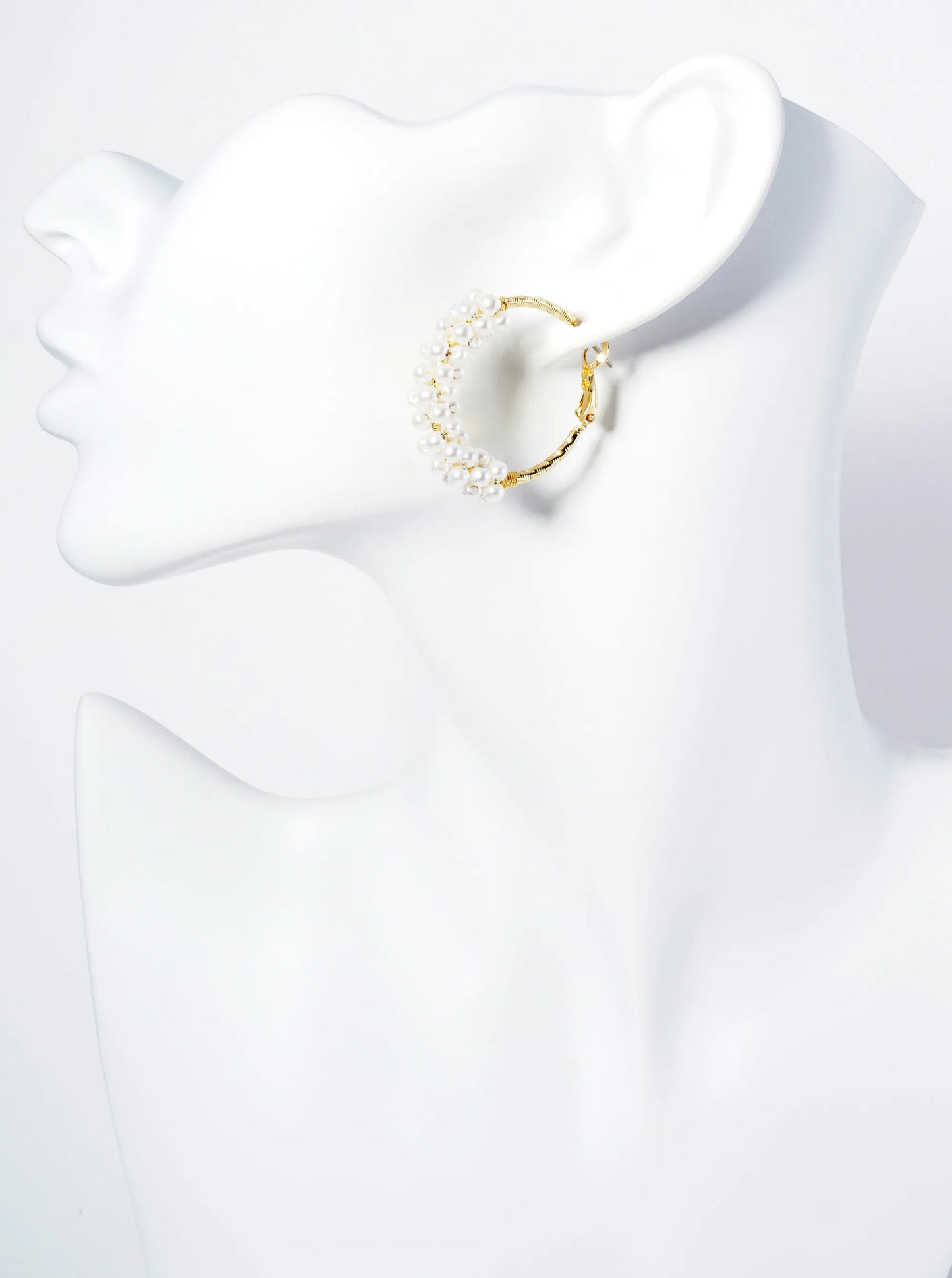 30mm 14K-Gold-Dipped Latch Back Hoop Earrings With Wire-Wrapped Pearl Beads