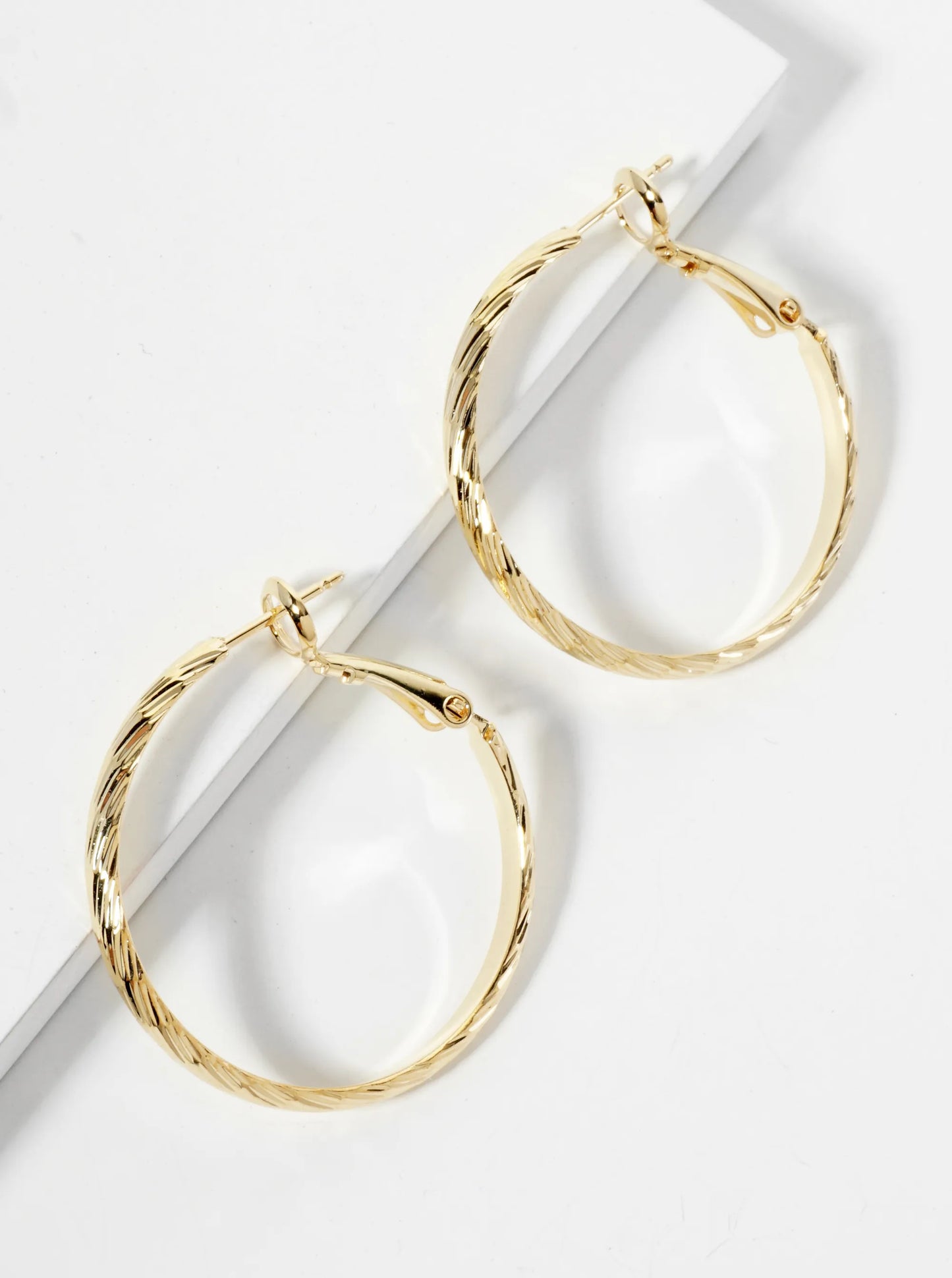 30mm 14K-Gold-Dipped Textured Brass Latch-Back Hoop Earrings With 3mm Thickness