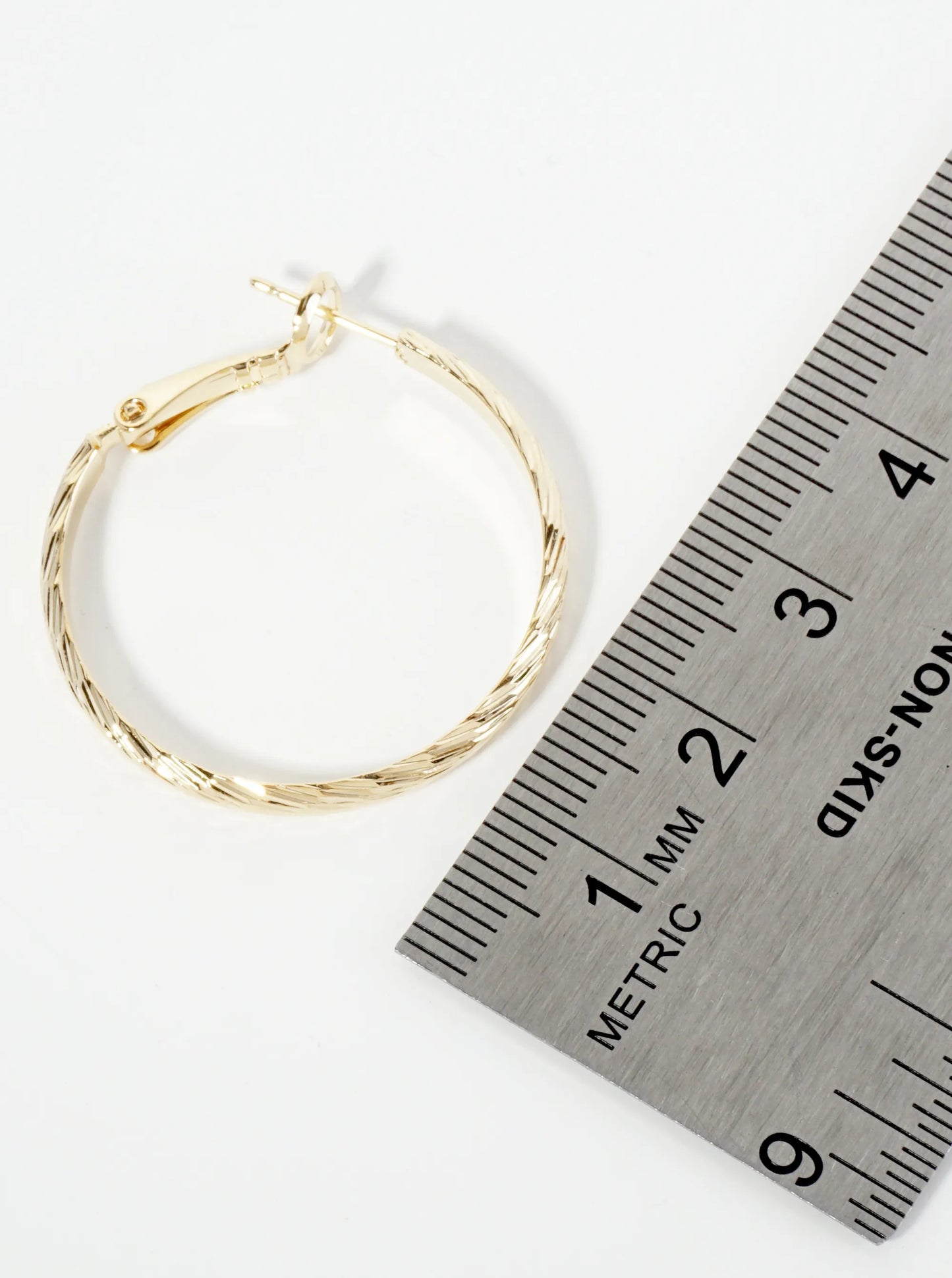 30mm 14K-Gold-Dipped Textured Brass Latch-Back Hoop Earrings With 3mm Thickness