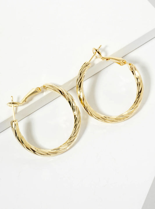 30mm 14K-Gold-Dipped Textured Brass Latch-Back Hoop Earrings With 3mm Thickness
