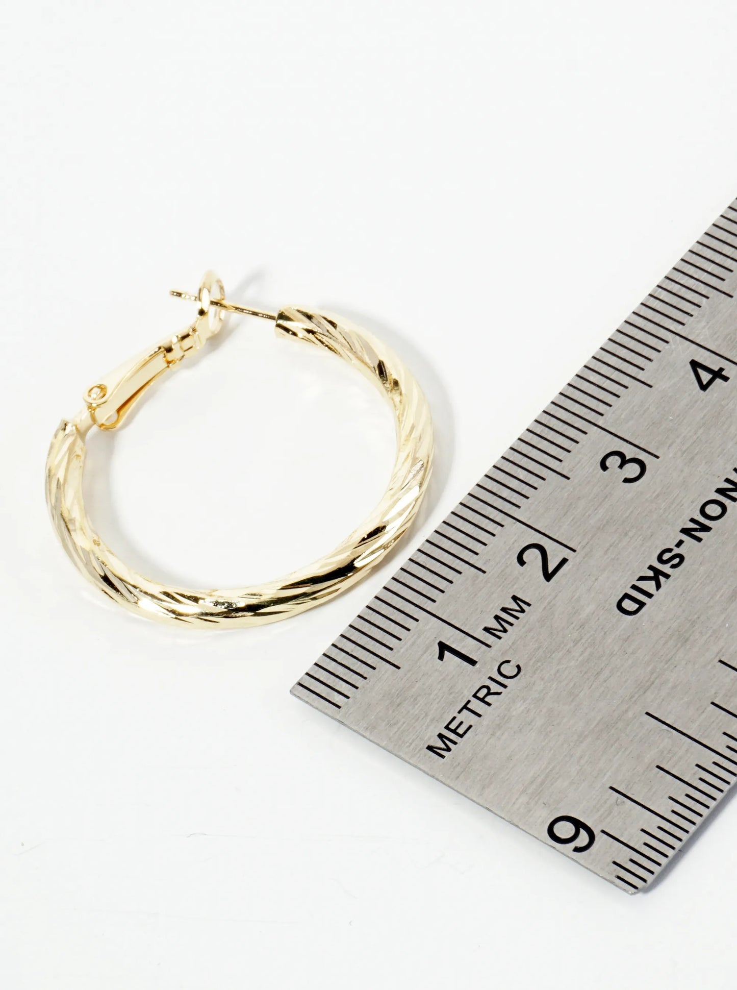 30mm 14K-Gold-Dipped Textured Brass Latch-Back Hoop Earrings With 3mm Thickness