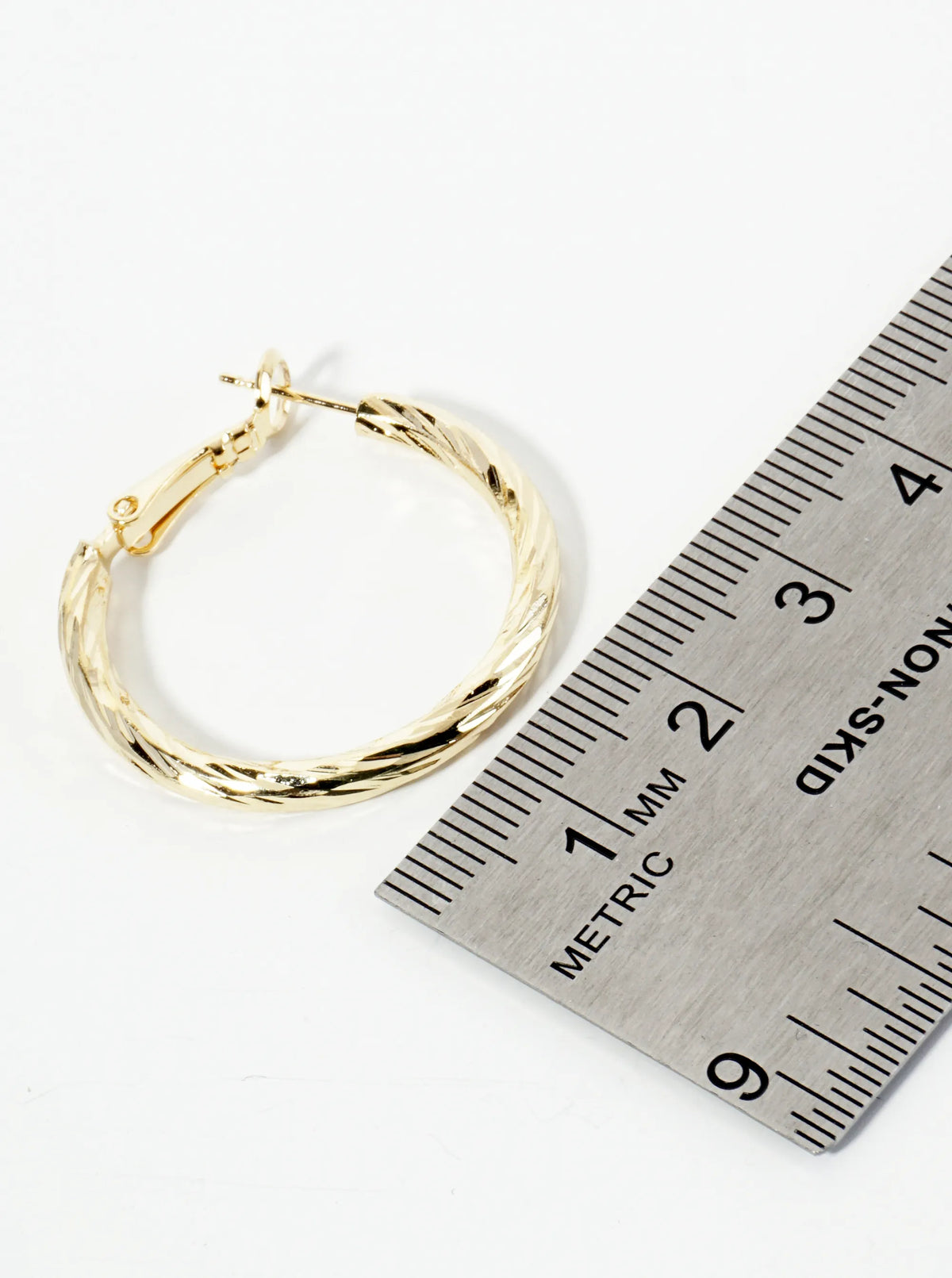 30mm 14K-Gold-Dipped Textured Brass Latch-Back Hoop Earrings With 3mm Thickness