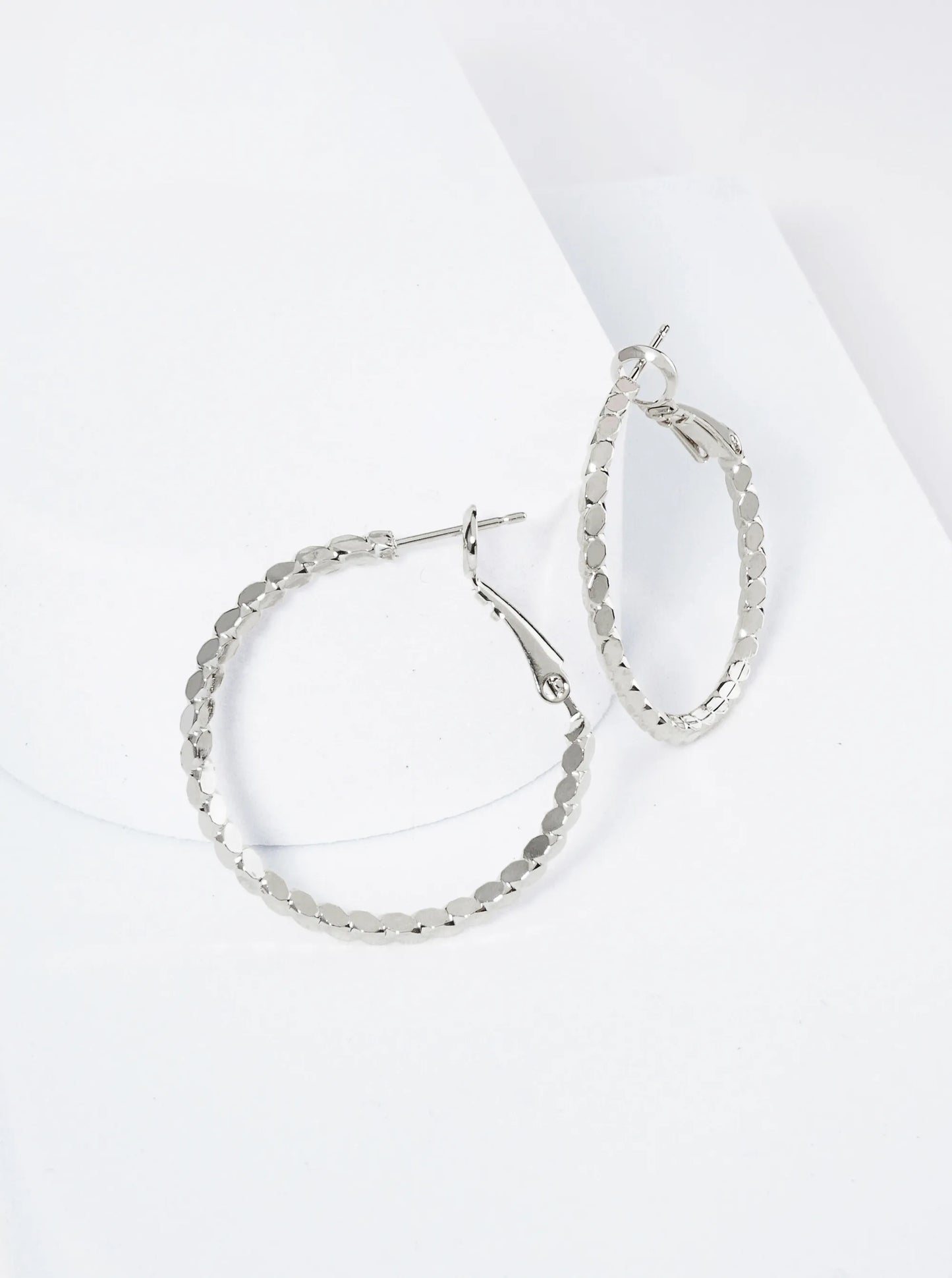 30mm 4-Sided Sparkling Textured Metal Latch Back Hoop Earrings