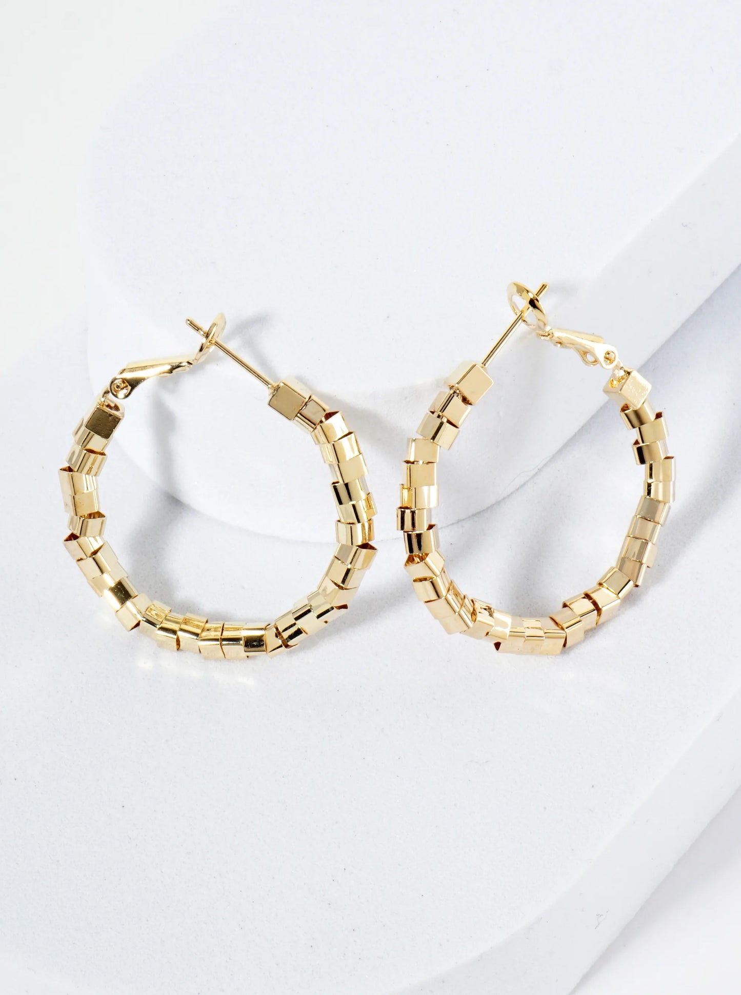 30mm Geometric Square Beaded 14K-Gold-Dipped Latch-Back Hoop Earrings