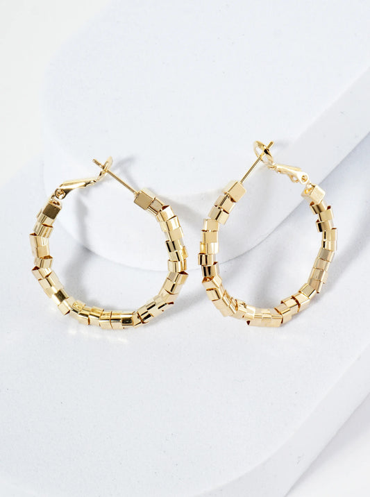 30mm Geometric Square Beaded 14K-Gold-Dipped Latch-Back Hoop Earrings