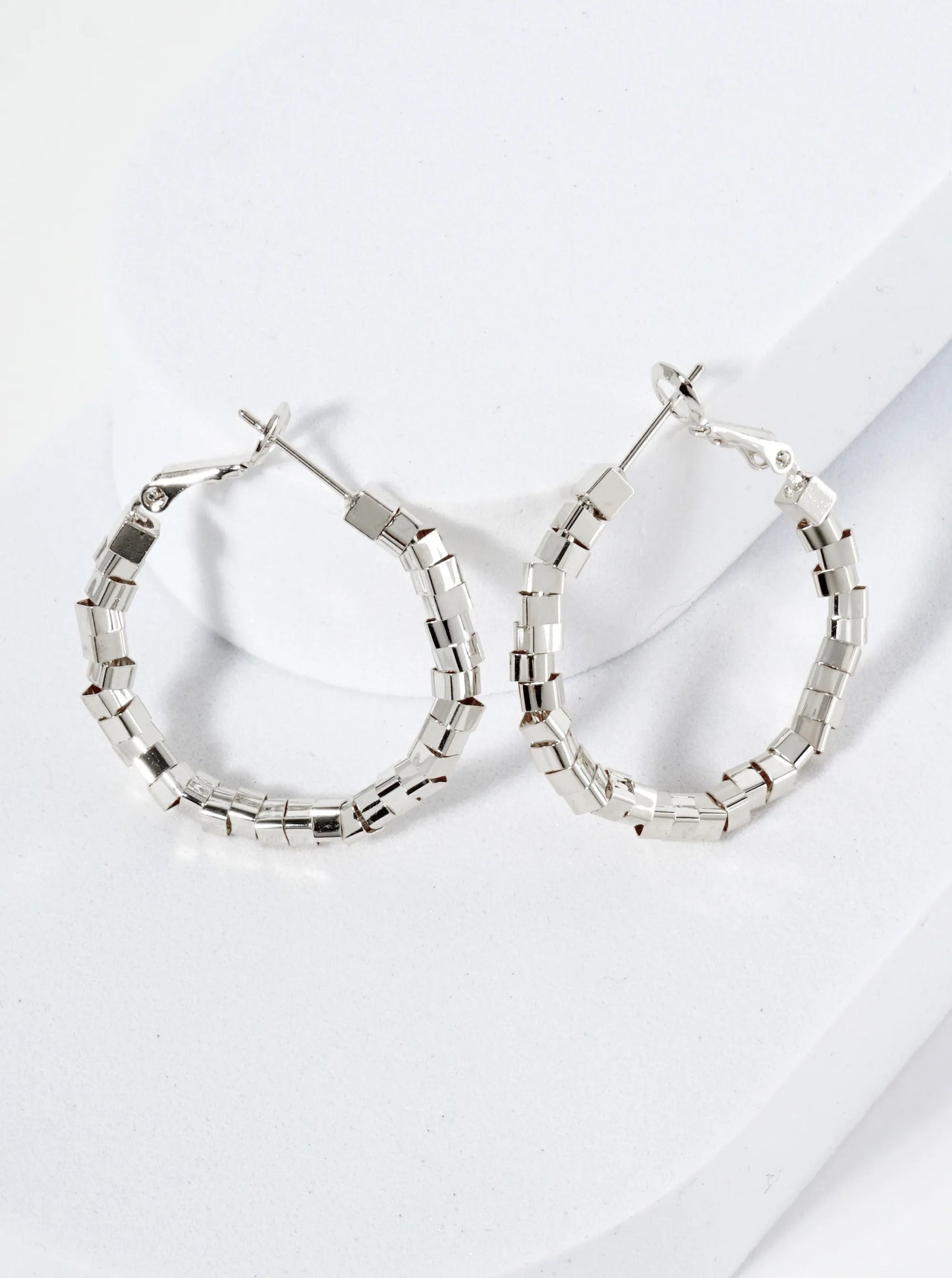 30mm Geometric Square Beaded 14K-Gold-Dipped Latch-Back Hoop Earrings