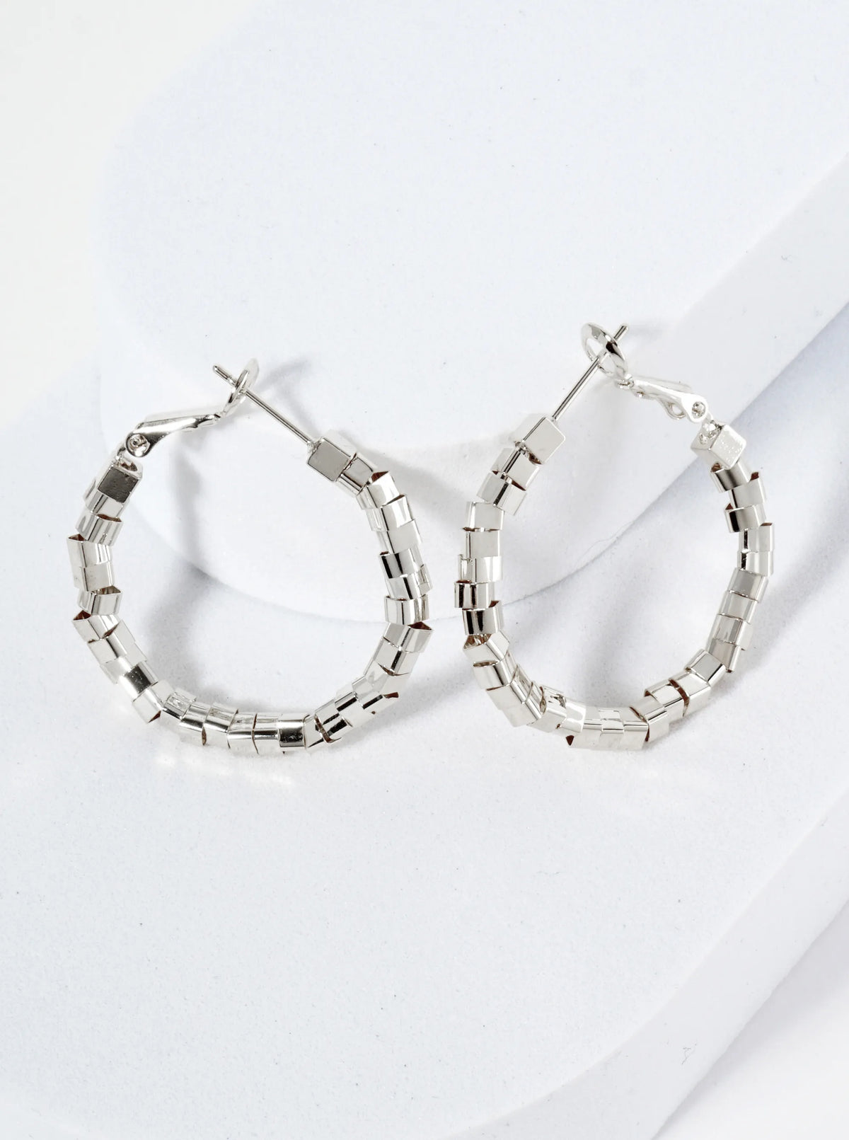 30mm Geometric Square Beaded 14K-Gold-Dipped Latch-Back Hoop Earrings