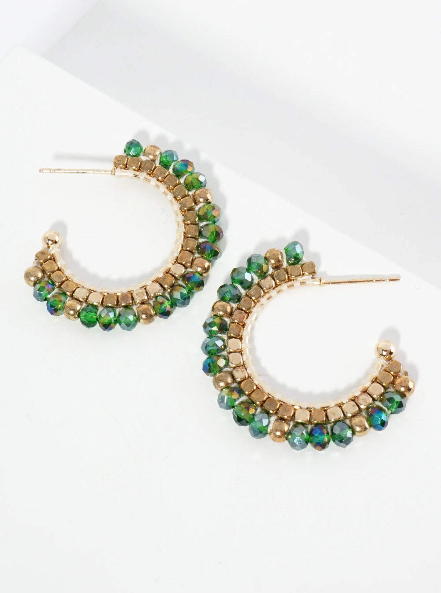 30mm Hoop Earrings With Glass And Square Metallic Beads Strung On Thread