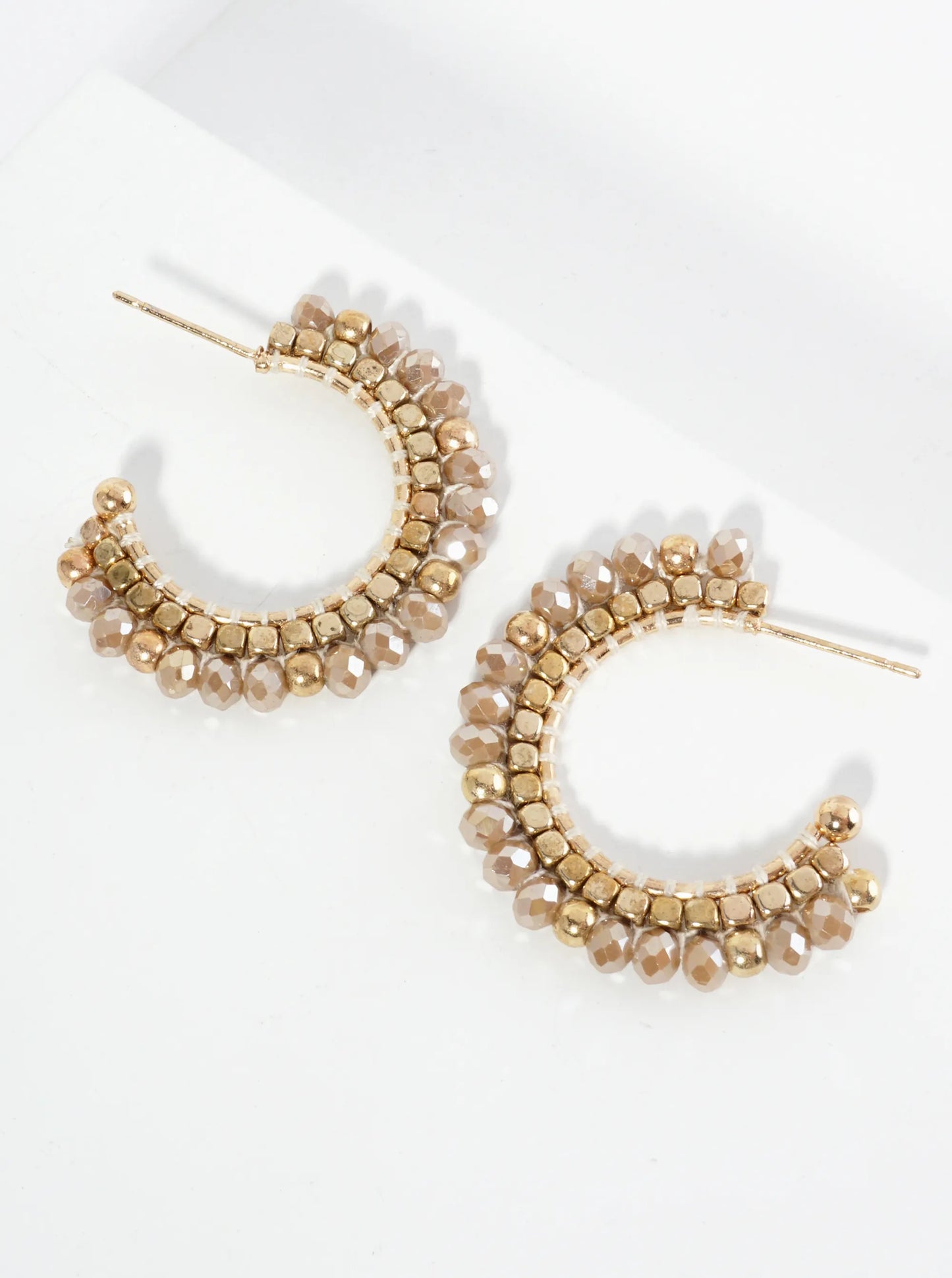 30mm Hoop Earrings With Glass And Square Metallic Beads Strung On Thread