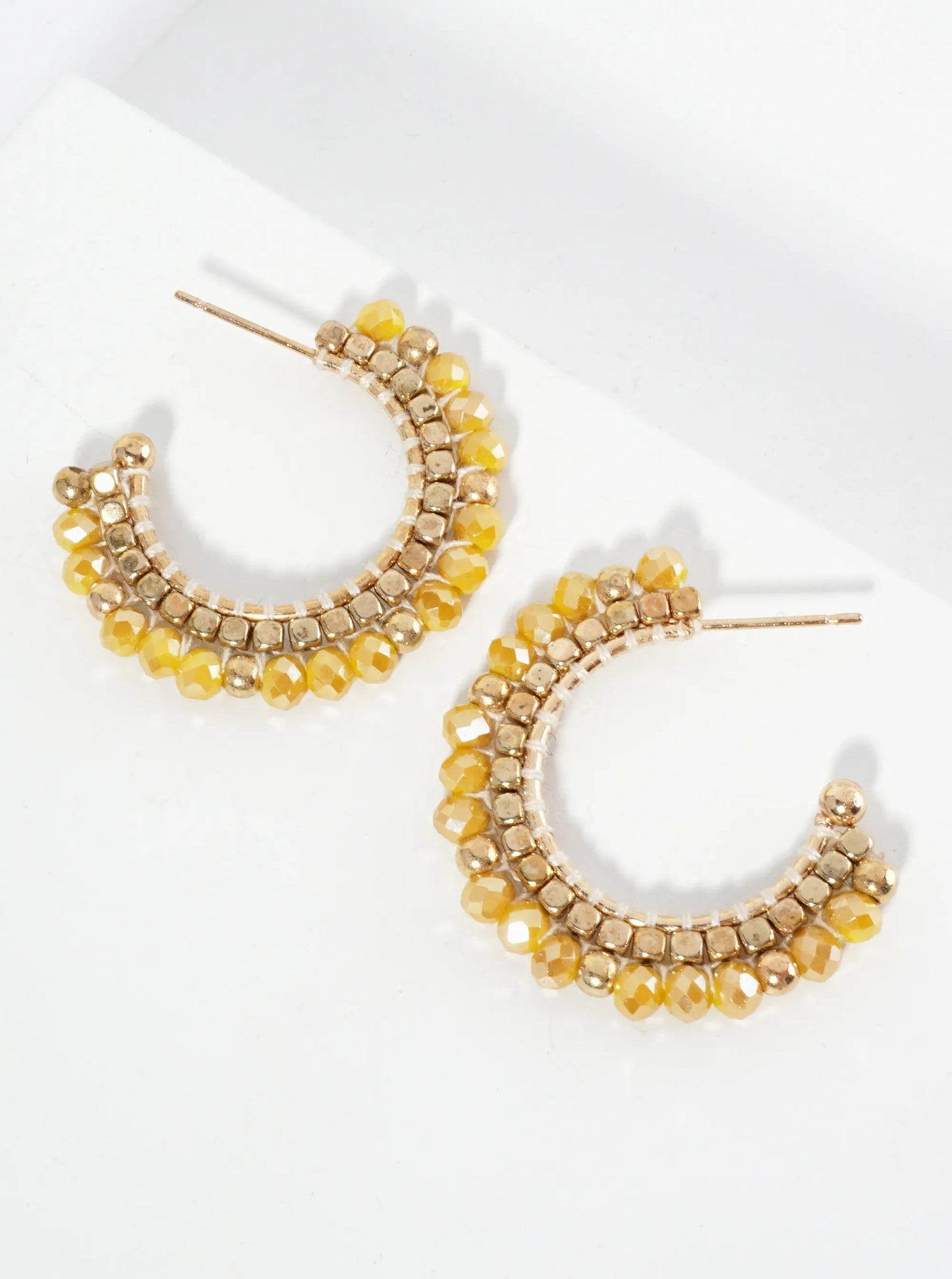 30mm Hoop Earrings With Glass And Square Metallic Beads Strung On Thread