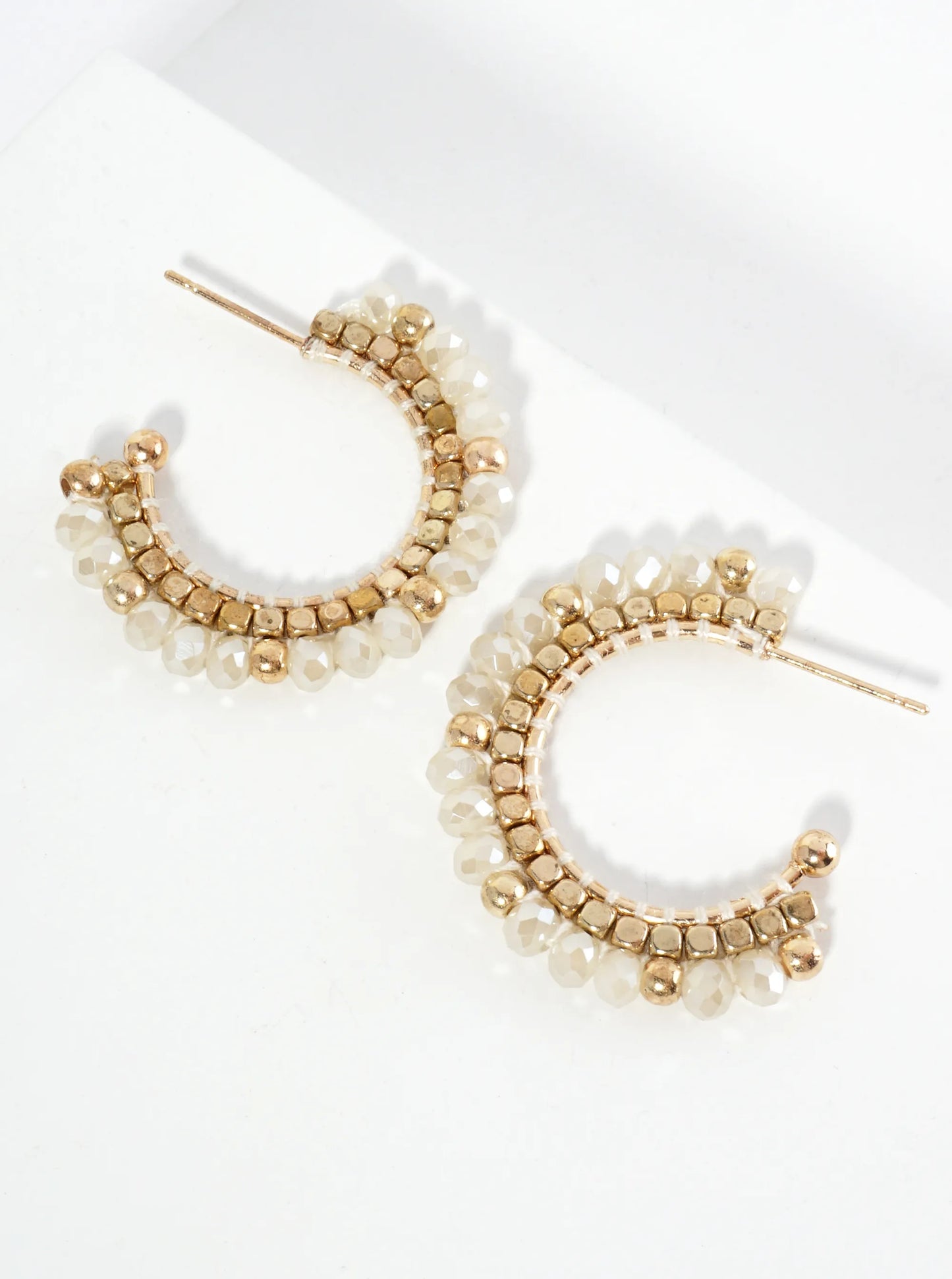 30mm Hoop Earrings With Glass And Square Metallic Beads Strung On Thread