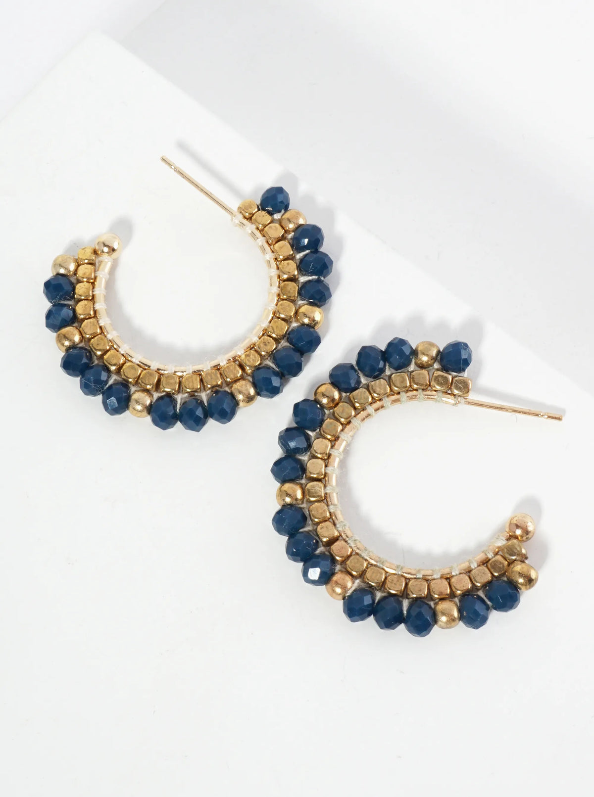 30mm Hoop Earrings With Glass And Square Metallic Beads Strung On Thread