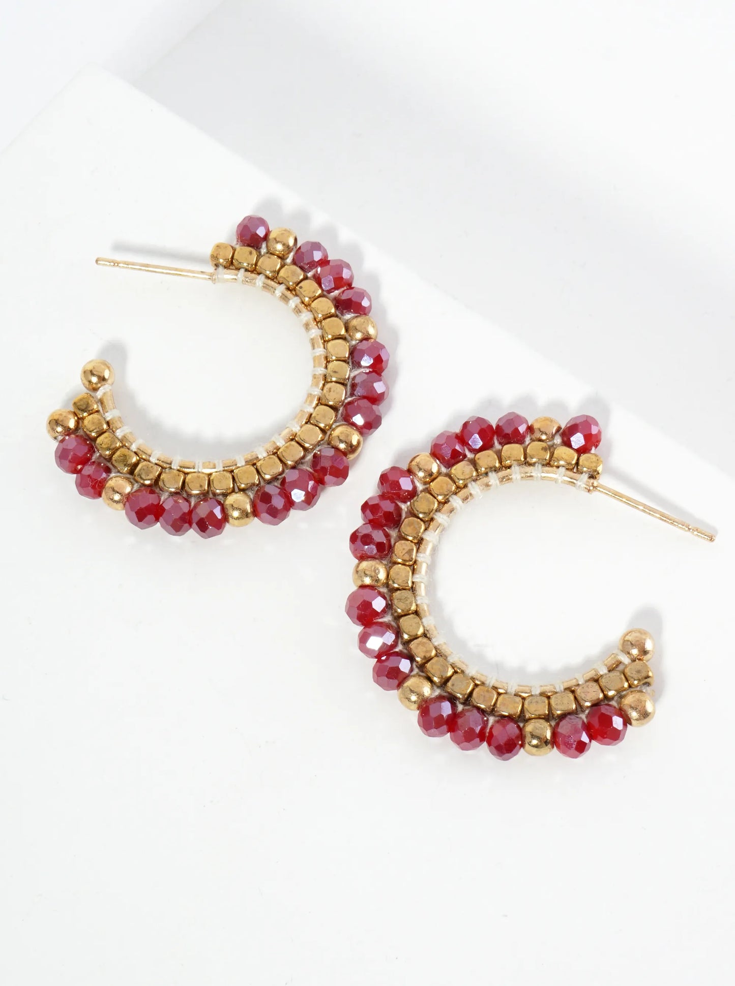 30mm Hoop Earrings With Glass And Square Metallic Beads Strung On Thread