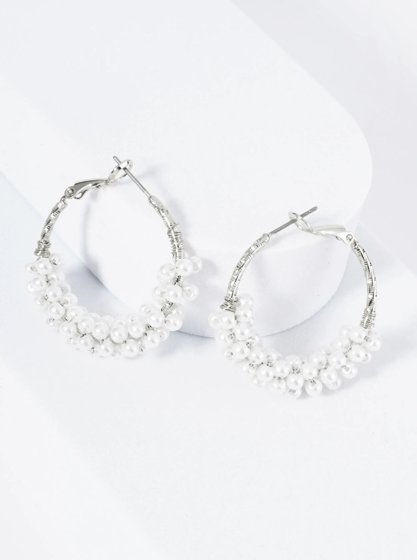 30mm Latch Back Hoop Earrings With Wire-Wrapped Pearl Beads